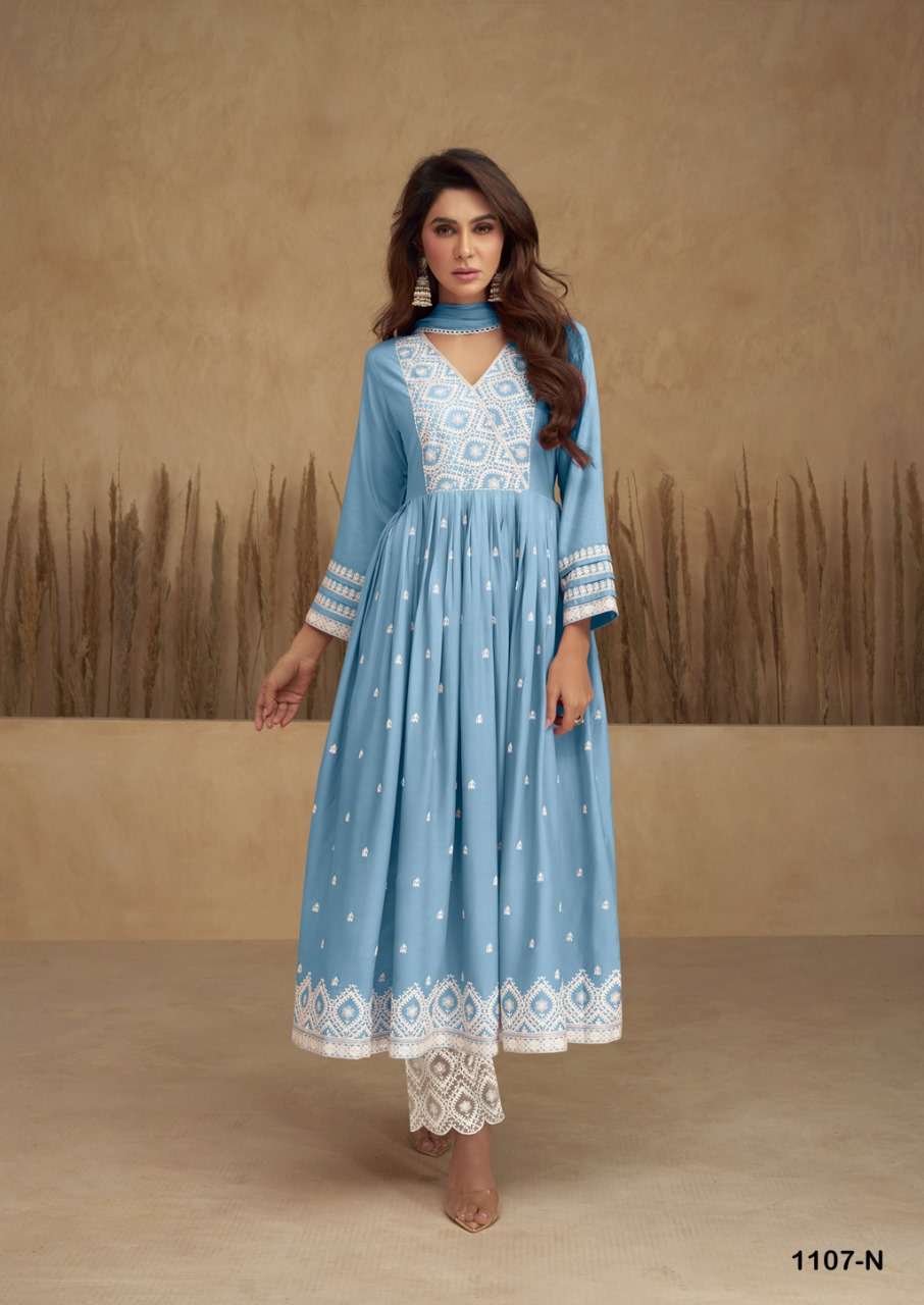 AADHRA VOL 5 LIGHT COLOR PURE RAYON LAKHNAWI WORK NAYRA CUT KURTI WITH COTTON PLAZZO AND DUPATTA BY S3FOREVER BRAND 1107 O